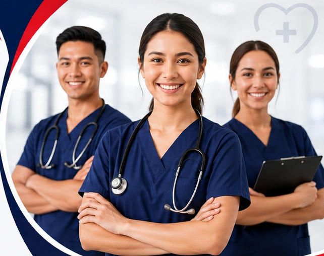 Illustrative Light Staffing brand image of healthcare professionals in navy scrubs